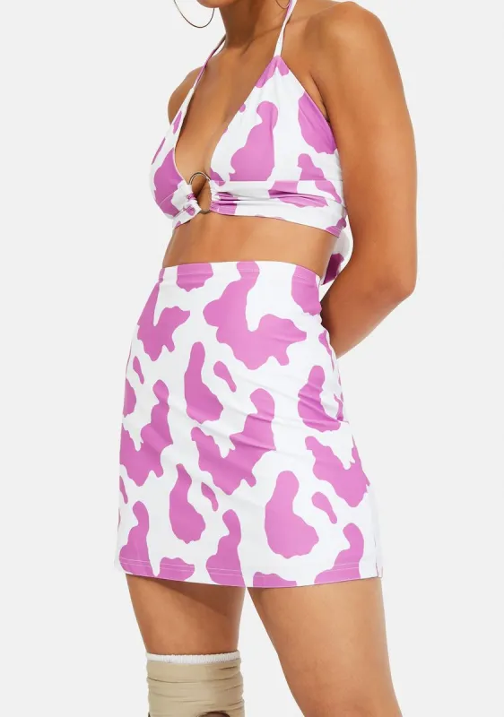 Lilac Cow Print Mini Skirt sold by Dolls Kill