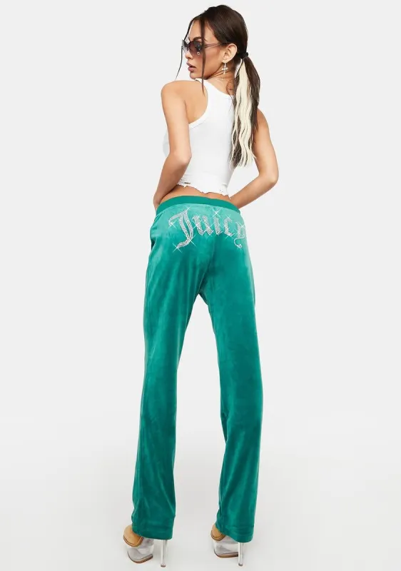 Jade Green Luxe Velour Rhinestone Logo Sweatpants sold by Dolls Kill