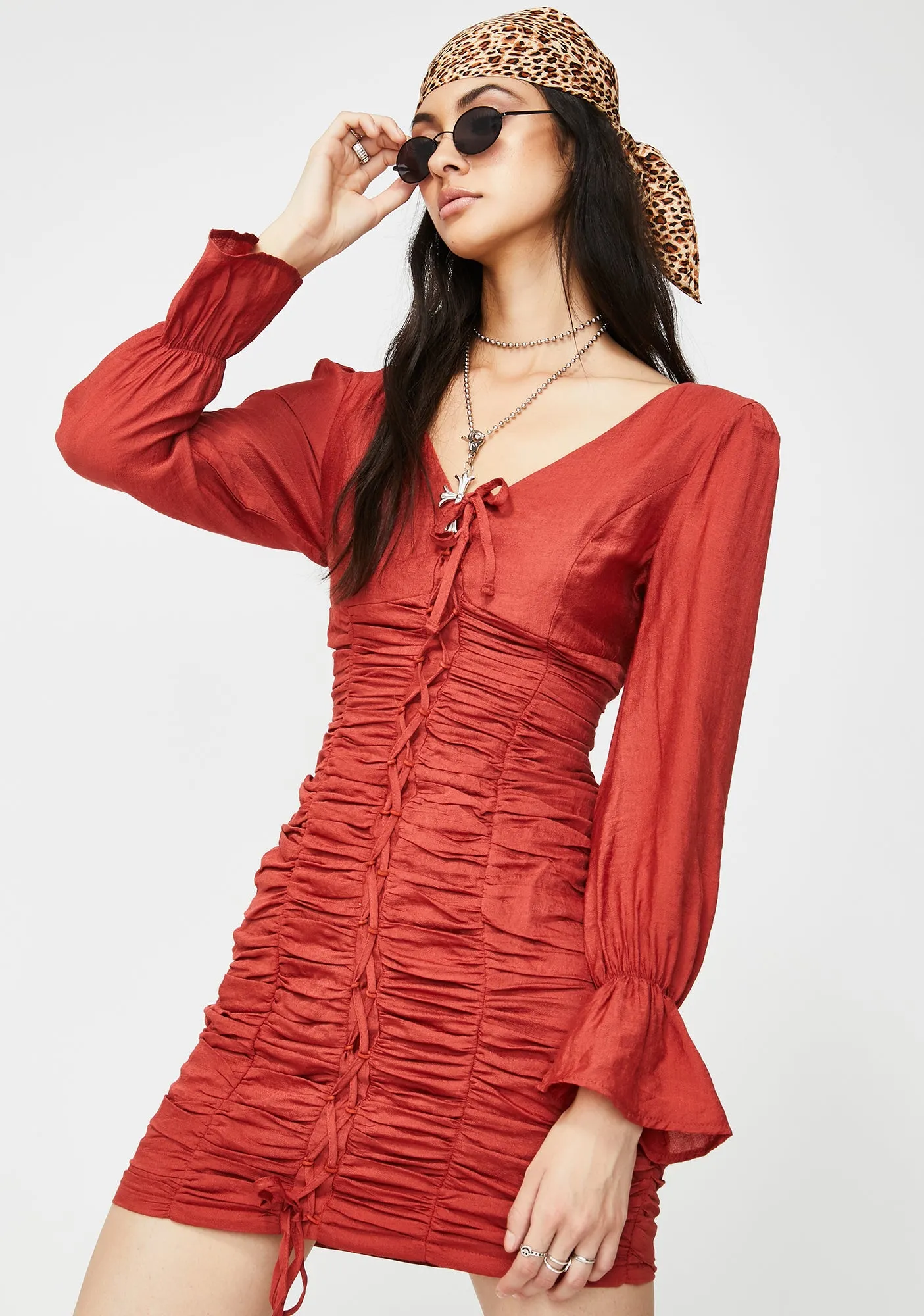 Long Sleeve Ruched Mini Dress sold by Dolls Kill