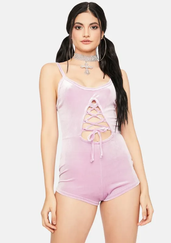 Mauve Changing Perspectives  Velour Lace Up Romper sold by Dolls Kill