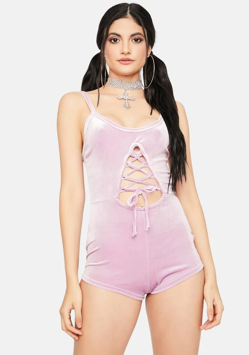 Mauve Changing Perspectives Velour Lace Up Romper sold by Dolls Kill