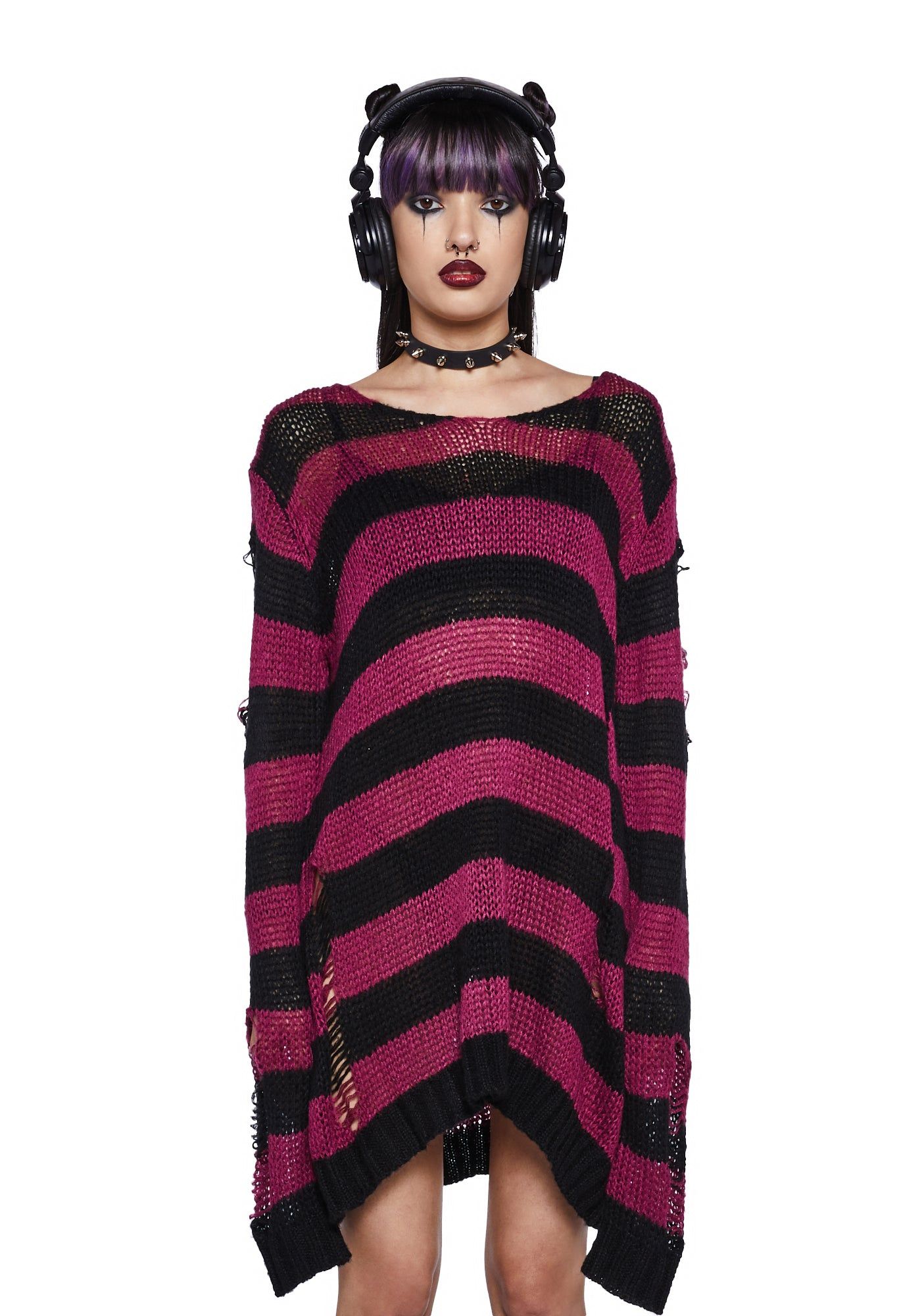 Darling Of Darkness Striped Sweater - Black/Purple sold by Dolls Kill