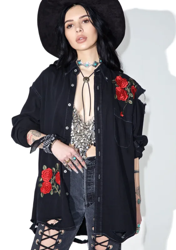 Reworked Denim Shirt With Rose Embroidery sold by Dolls Kill