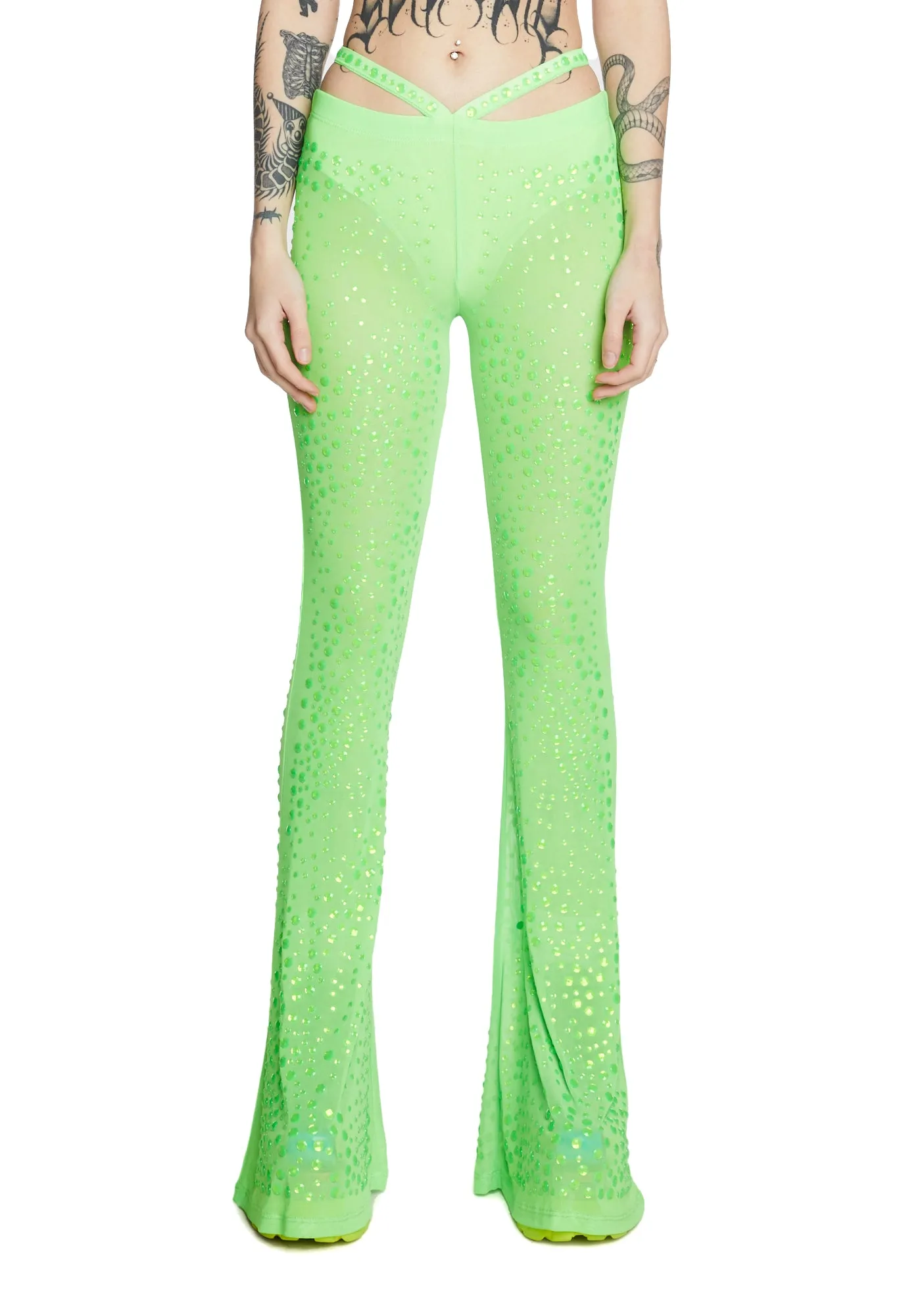 Stardust Showdown Strappy Flares - Neon Green sold by Dolls Kill