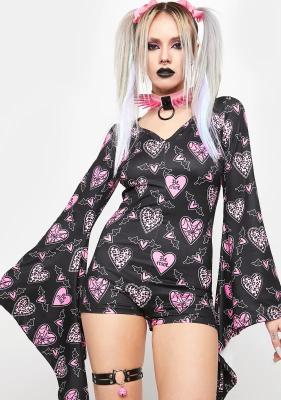 Be Mine Web Hearts Bell Sleeve Pajama Romper sold by Dolls Kill