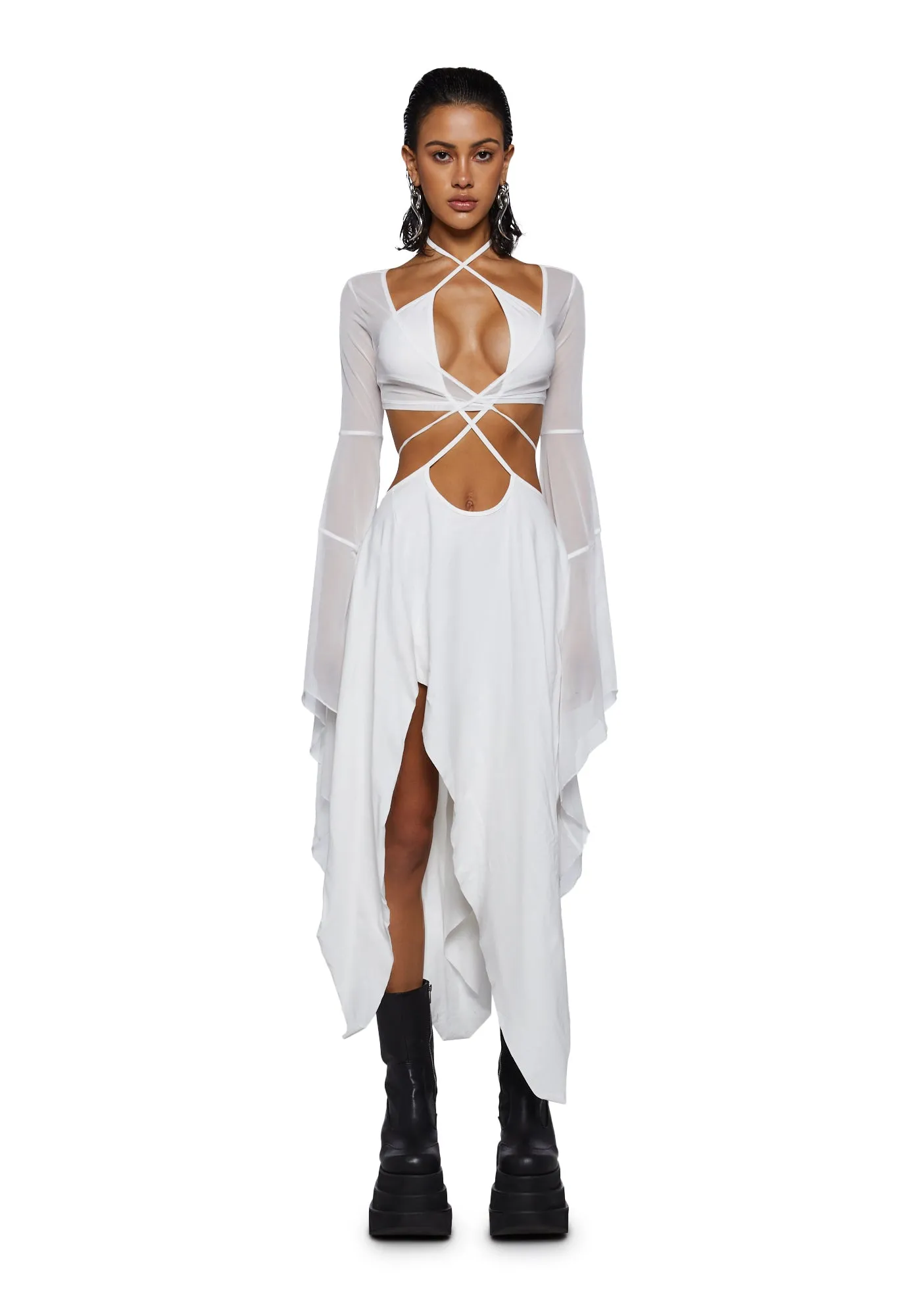 Echo Asymmetrical Mesh Wrap Dress - White sold by Dolls Kill