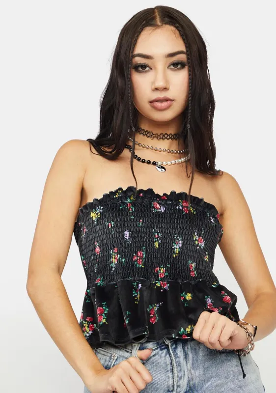 Noir Adrienne Smocked Velour Crop Top sold by Dolls Kill