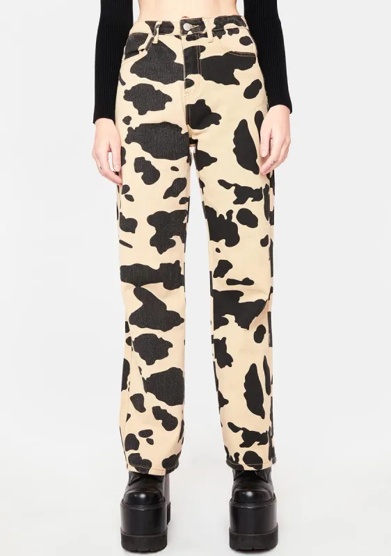 Tan Cow Print Pants sold by Dolls Kill