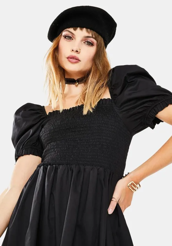 Black Puff Sleeve Babydoll Dress sold by Dolls Kill