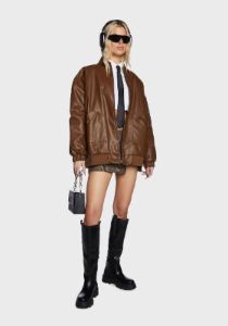 Faux Leather Oversized Bomber Jacket - Brown sold by Dolls Kill