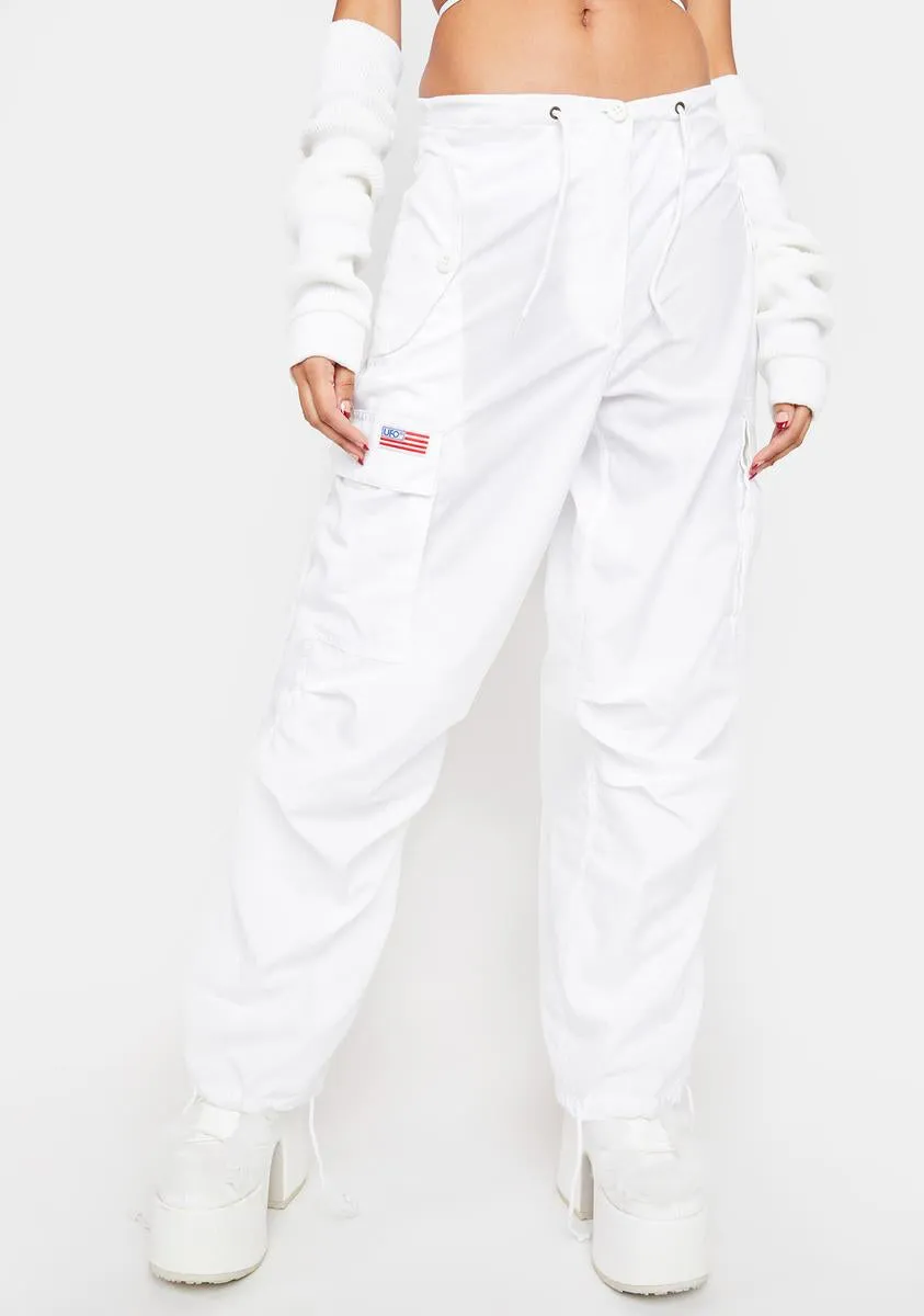 Silky White Flap Pocket Cargo Pants sold by Dolls Kill
