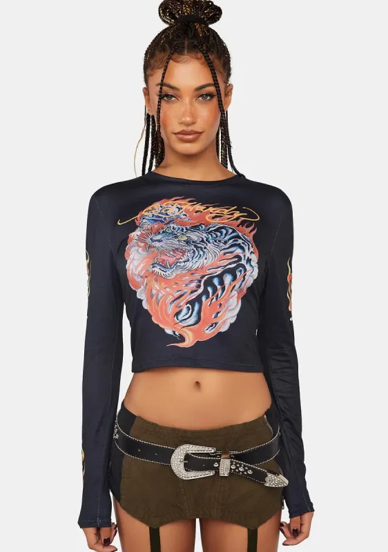 Flaming Tiger Long Sleeve Crop Tee sold by Dolls Kill