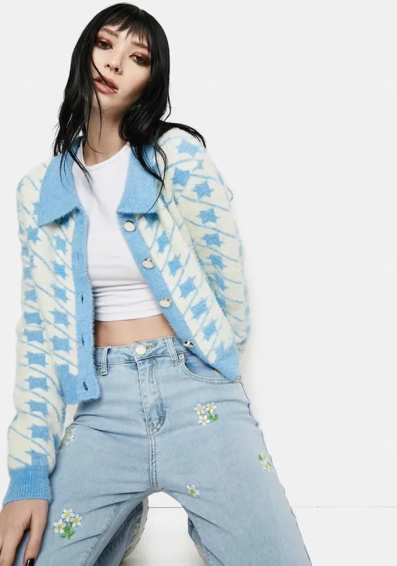 Blue Houndstooth Fuzzy Collared Cardigan sold by Dolls Kill