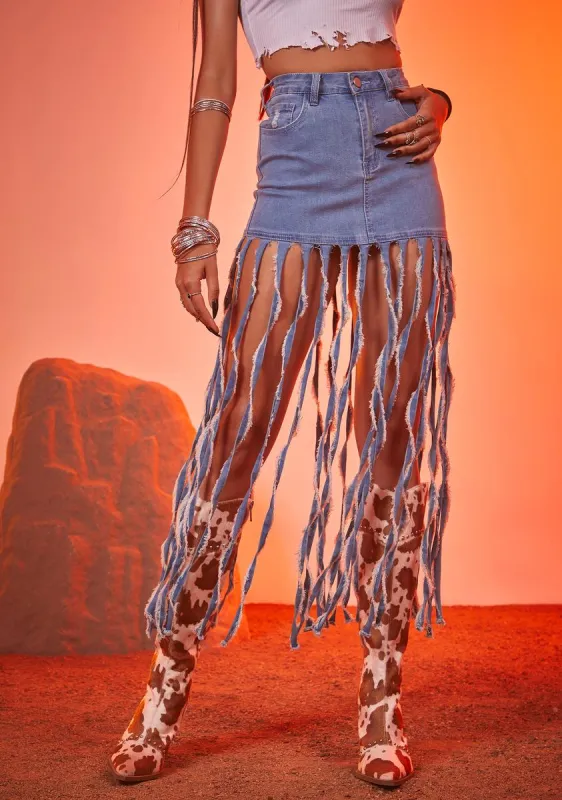 Runaway Hottie Fringe Denim Skirt sold by Dolls Kill