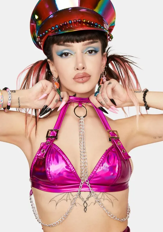 Fuschia Holo Chain Bra Top sold by Dolls Kill