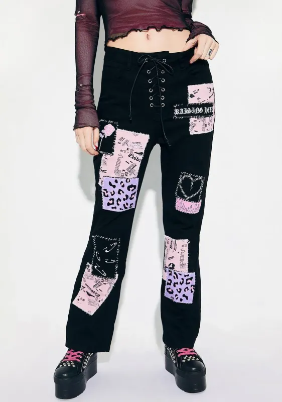 Creepin It Real Patched Flare Pants sold by Dolls Kill