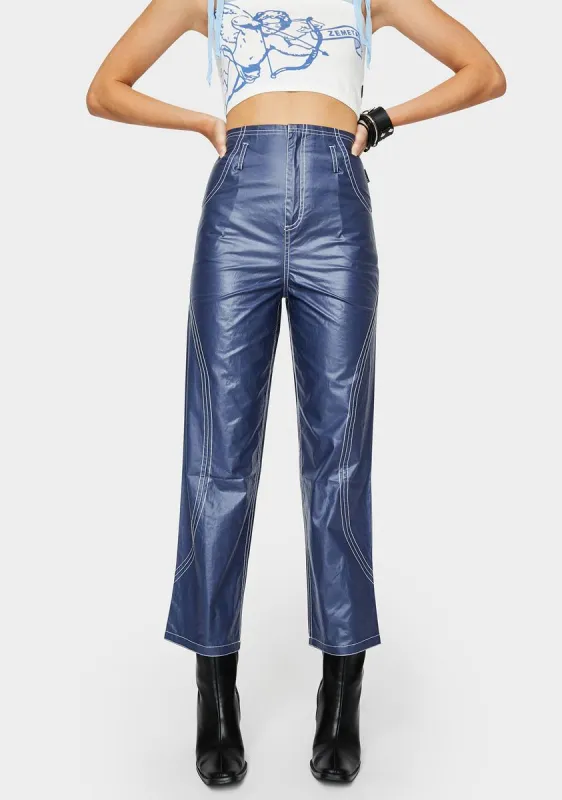 Navy Glossy High Waist Pants sold by Dolls Kill