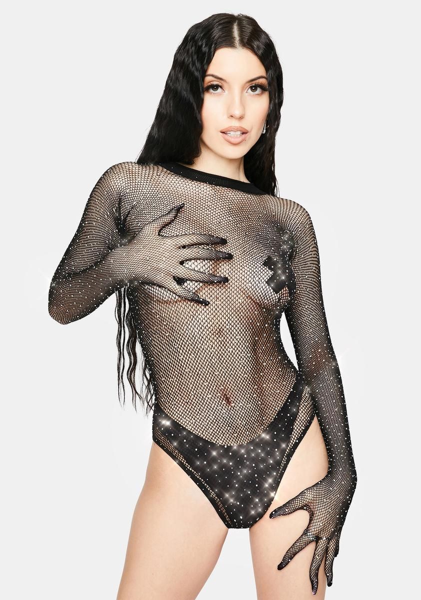Glow & Glitter Rhinestone Fishnet Bodysuit sold by Dolls Kill