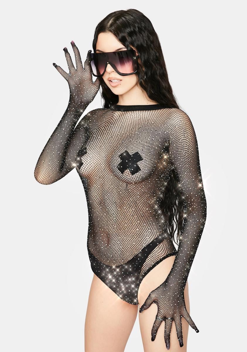 Glow & Glitter Rhinestone Fishnet Bodysuit sold by Dolls Kill product image thumbnail 2