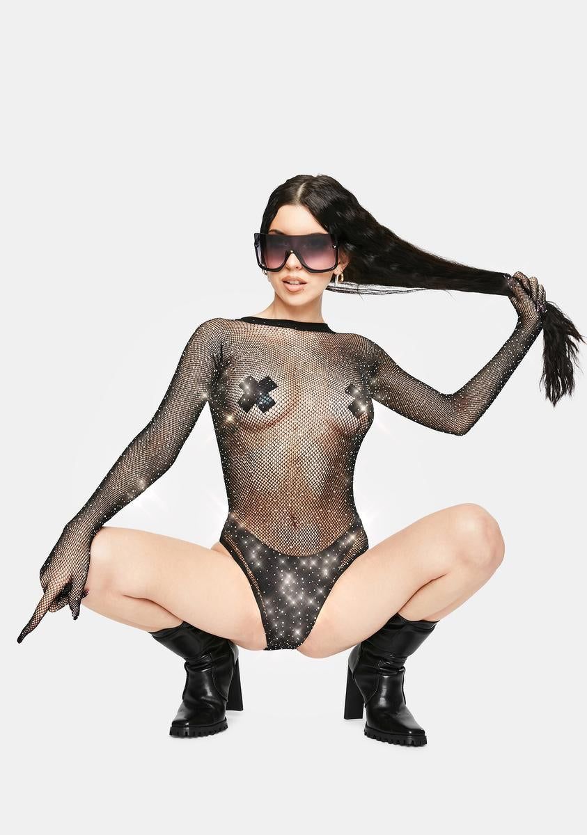 Glow & Glitter Rhinestone Fishnet Bodysuit sold by Dolls Kill product image thumbnail 3
