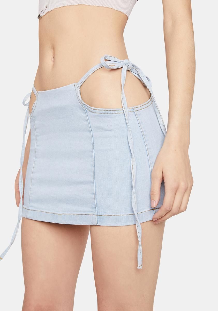 Denim Mid Rise Cut-Out Tie Mini Skirt sold by Dolls Kill