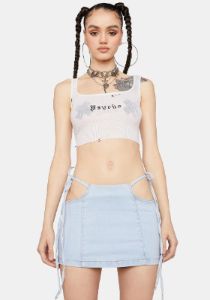 Denim Mid Rise Cut-Out Tie Mini Skirt sold by Dolls Kill