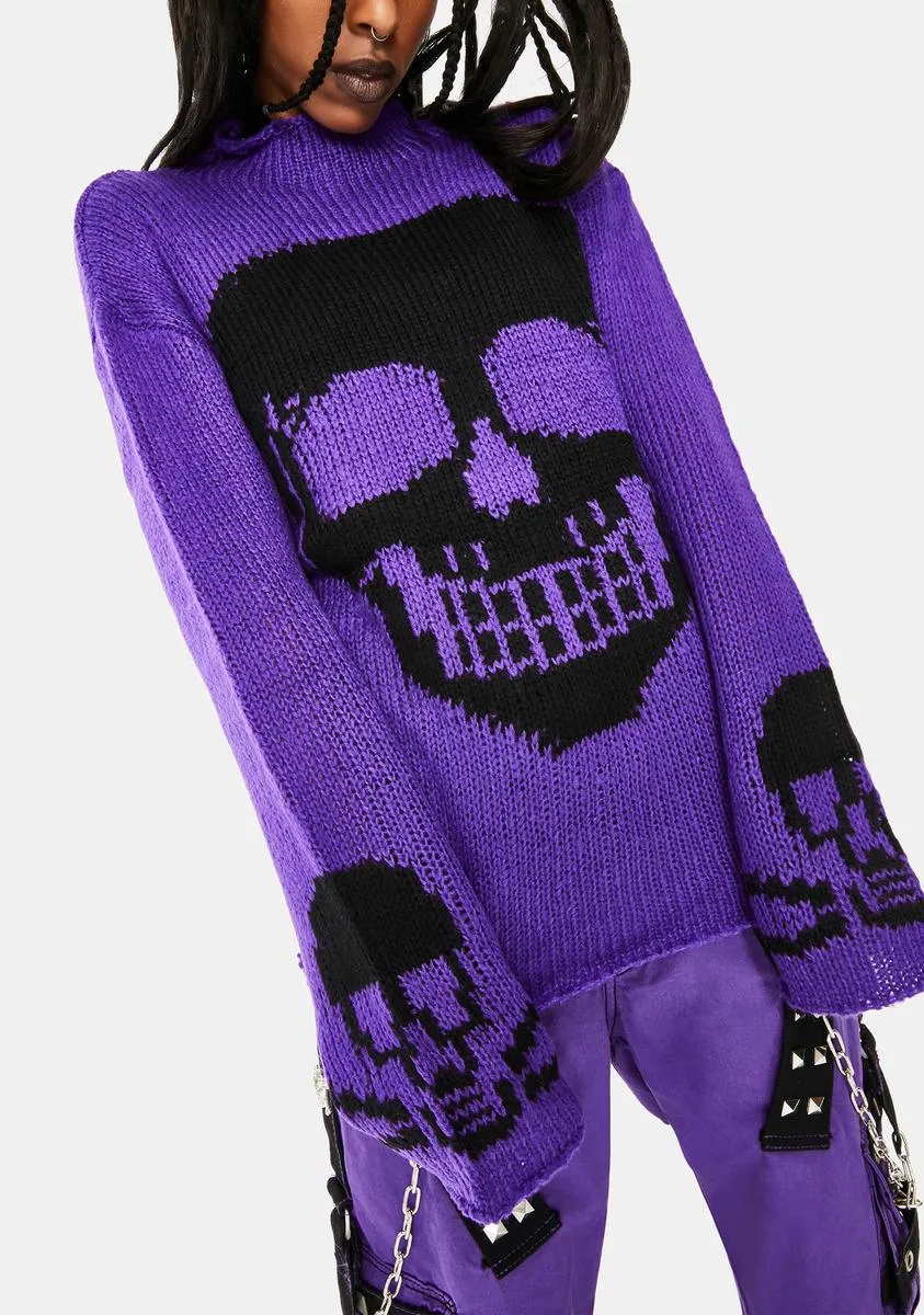 Purple Knit Skull Sweater sold by Dolls Kill