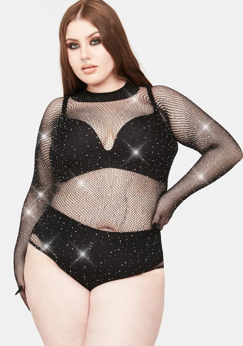 Plus Glow & Glitter Rhinestone Fishnet Bodysuit sold by Dolls Kill