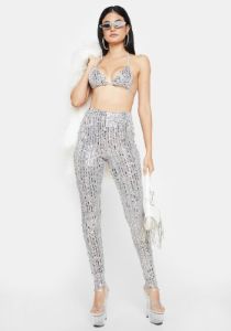 Platinum Sparkling Attitude Sequin Leggings Set sold by Dolls Kill
