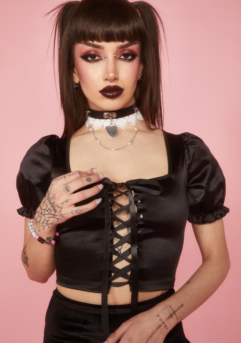 Midnight Royal Invitation Puff Sleeve Top sold by Dolls Kill