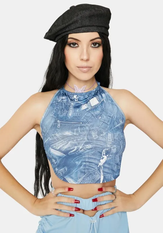 Denim Print Halter Top sold by Dolls Kill