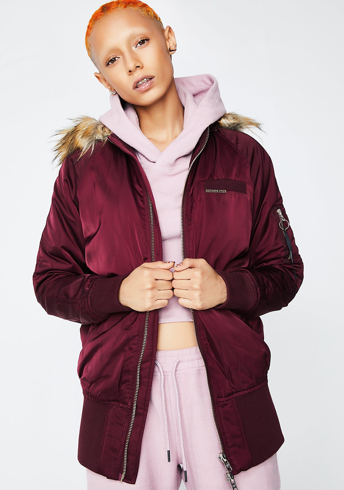 Burgundy Elongated Bomber sold by Dolls Kill