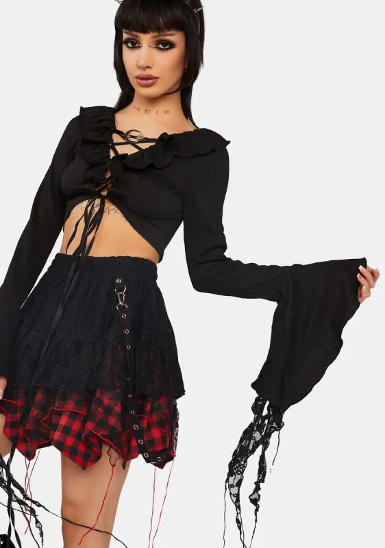 Gothic Witch Ripped Sleeves Ruffle Neck Crop Top sold by Dolls Kill
