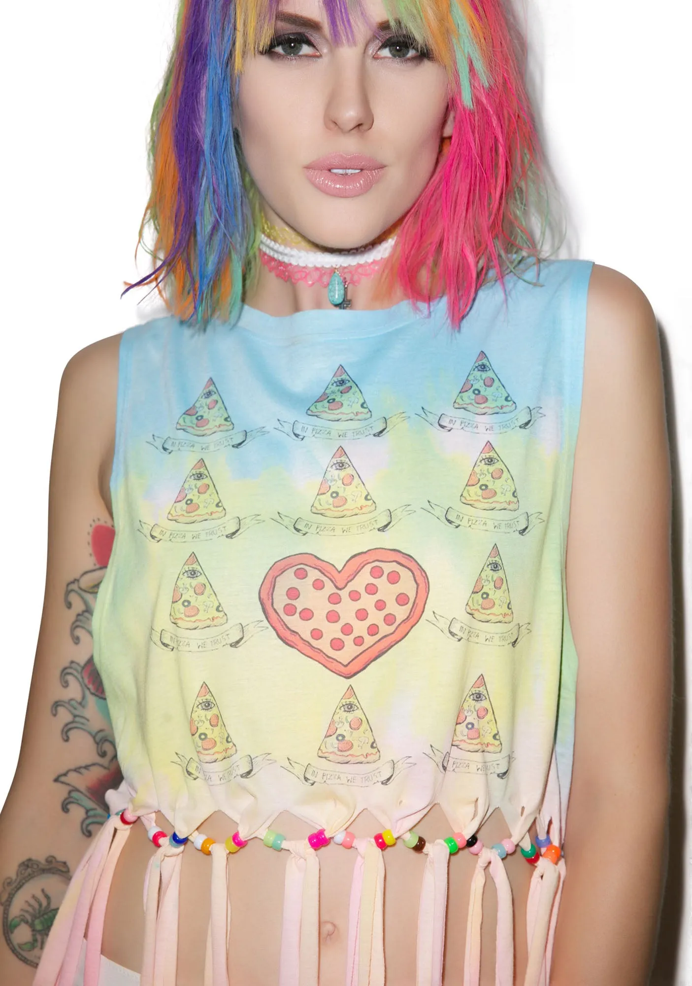 In Pizza We Trust Fringe Tank sold by Dolls Kill