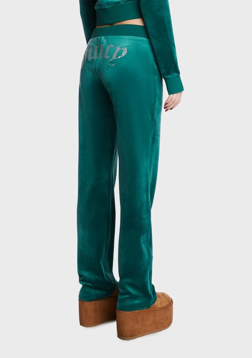 Jade Green Big Bling Velour Track Pants sold by Dolls Kill
