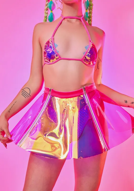 Hot Pink Iridescent Dual Zipper Skirt sold by Dolls Kill