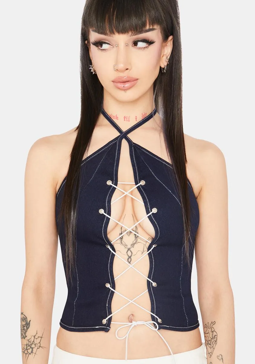 Sassy Thoughts Lace-Up Halter Top sold by Dolls Kill