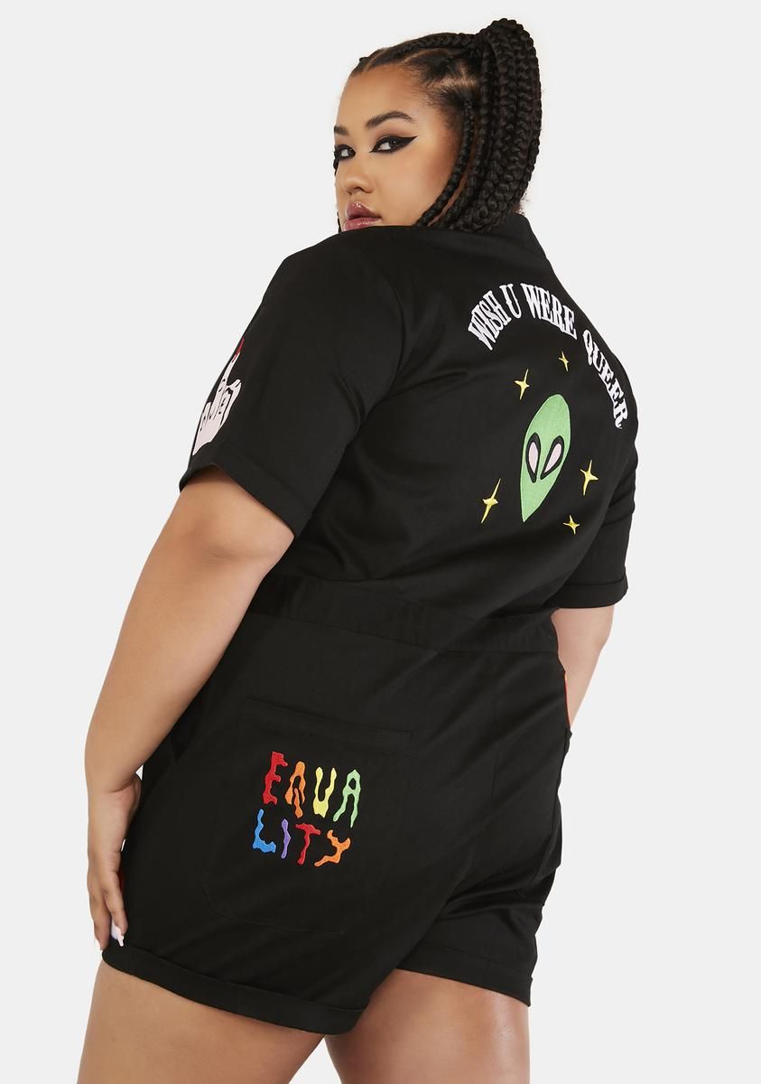 Plus Wish You Were Queer Embroidered Patch Romper sold by Dolls Kill product image thumbnail 4