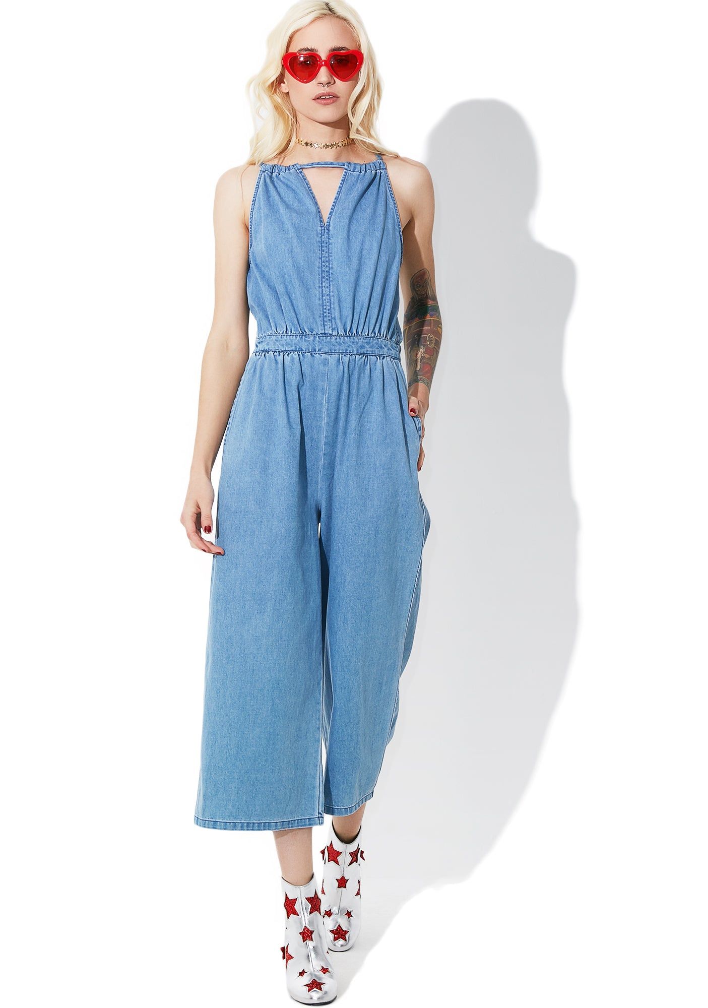 What A Feelin' Denim Jumpsuit sold by Dolls Kill