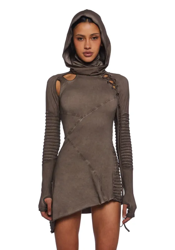 Frequency Asymmetrical Hooded Mini Dress - Earthen sold by Dolls Kill