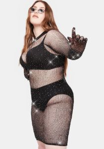 Plus Luxury Experience Rhinestone Fishnet Dress sold by Dolls Kill