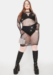 Plus Luxury Experience Rhinestone Fishnet Dress sold by Dolls Kill