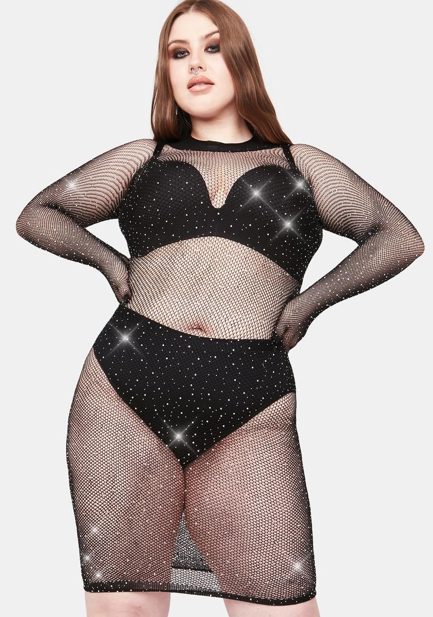 Plus Luxury Experience Rhinestone Fishnet Dress sold by Dolls Kill