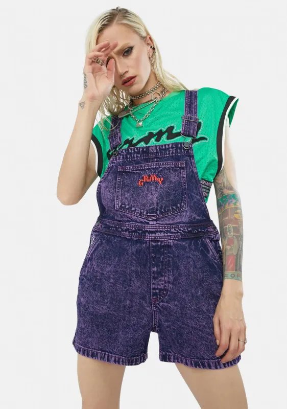 Liveution Purple Denim Short Overalls sold by Dolls Kill