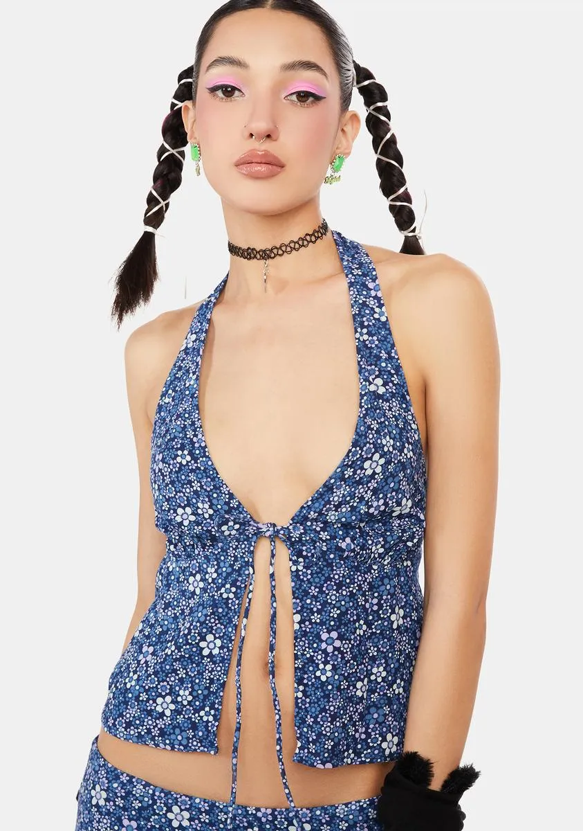 Retro Floral Blue Roula Halter Top sold by Dolls Kill