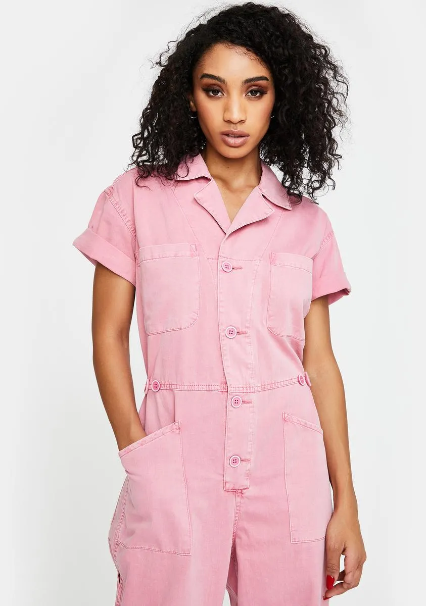 Pink Grover Denim Jumpsuit sold by Dolls Kill