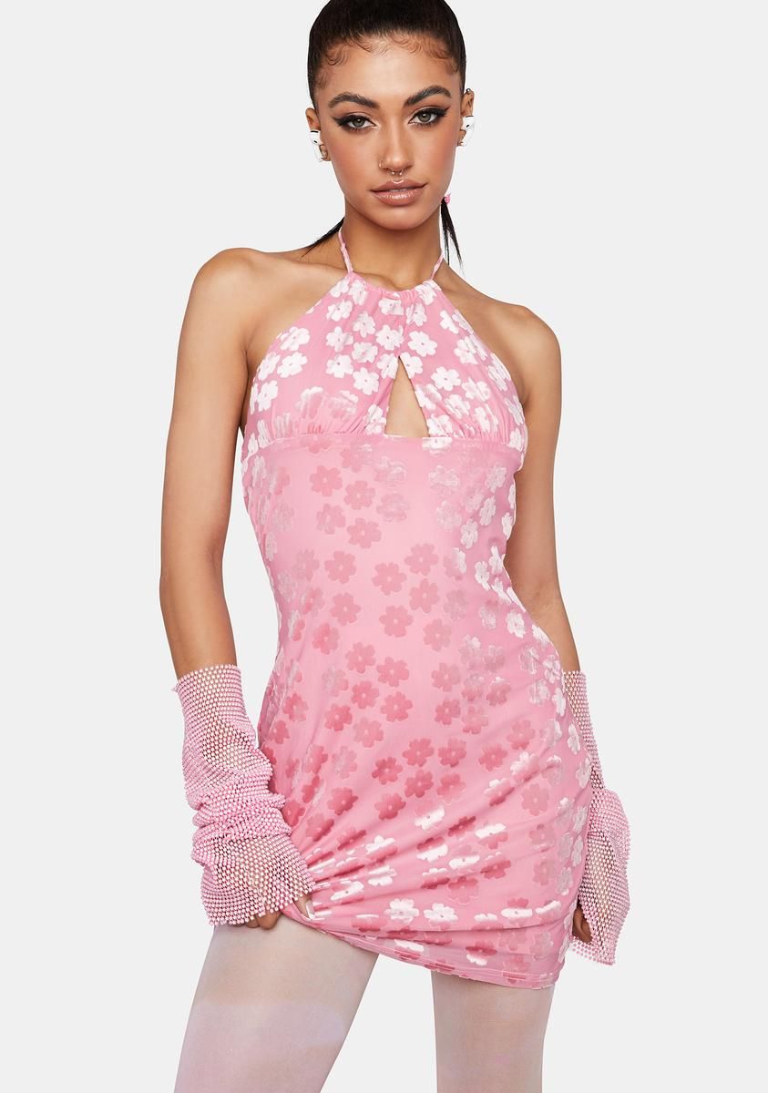 Pink Floral Halter Mini Dress sold by Dolls Kill