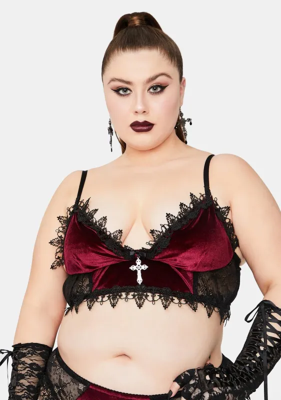 Crimson Dark Morphine Eyes Velvet Bra sold by Dolls Kill