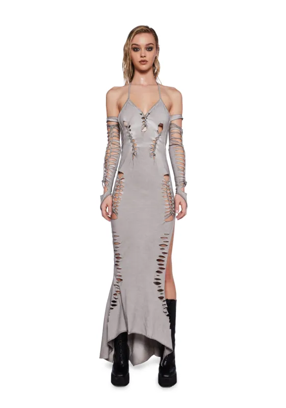Pitch Shredded Maxi Dress And Gloves Set sold by Dolls Kill