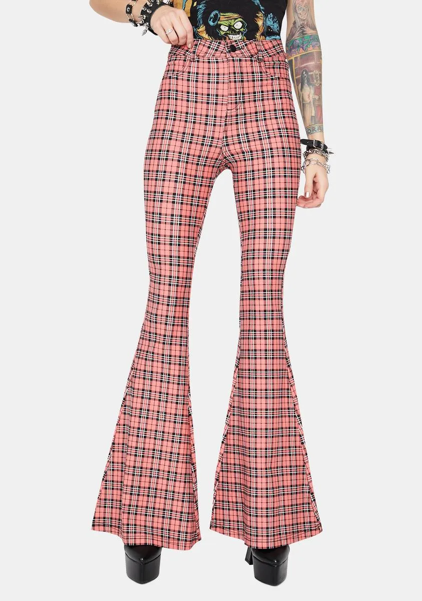 Flirty Hip Check High Waisted Plaid Flares sold by Dolls Kill